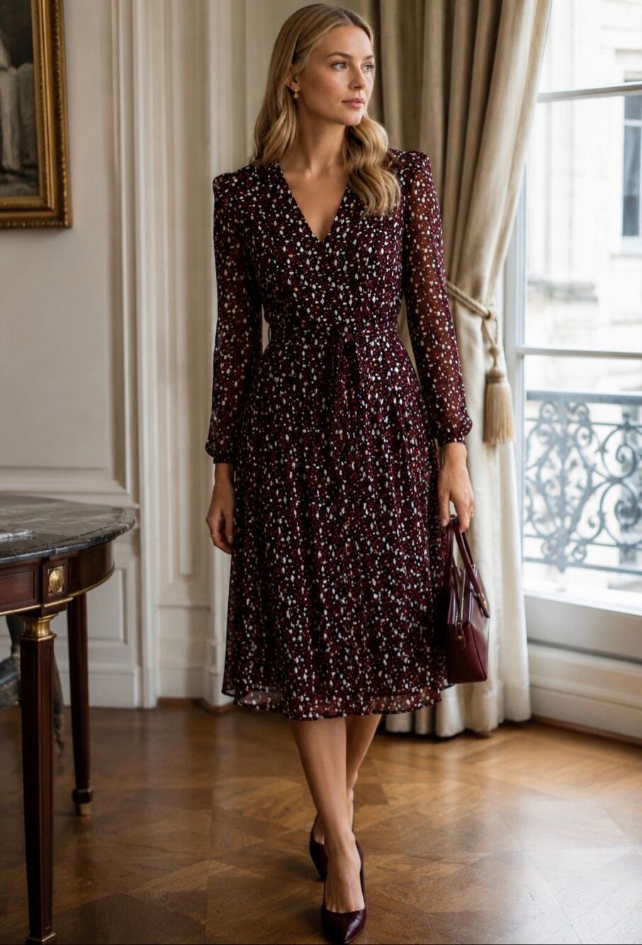 L.K. Bennett Jana Silk Woodland Floral V-Neck Ruffle Long Sleeve Dress US 2